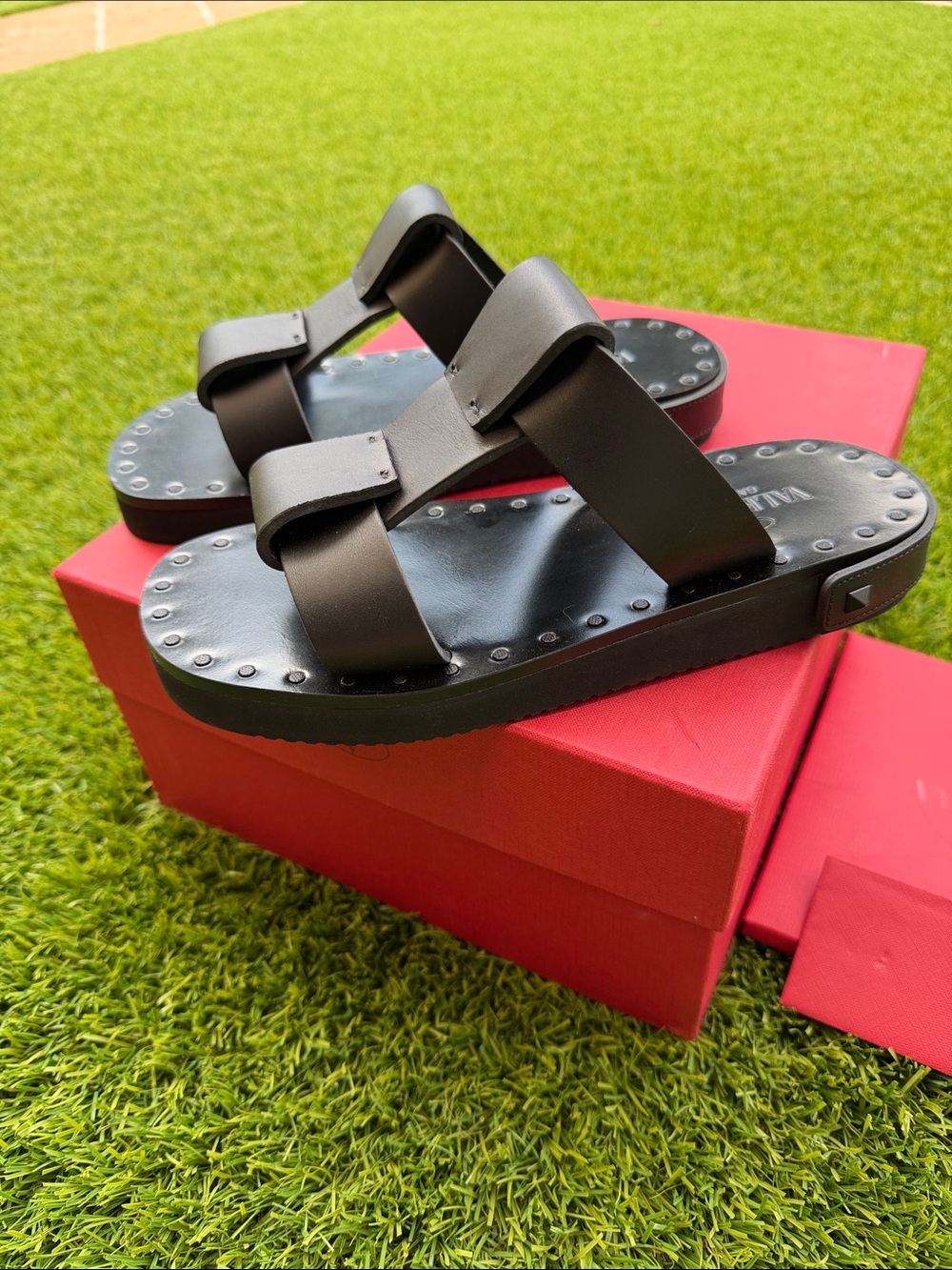 Valentino Garavani Black Studded Double-Strap Slide Sandals